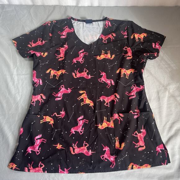 Zoe + Chloe Women's V neck Scrub top Midnight Unicorn dark zodiak Size M - Picture 5 of 5